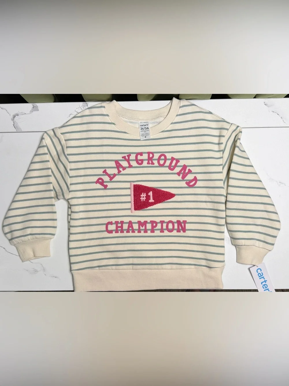 Carter's Cream Striped 'Playground Champion' Sweatshirt with Pink Graphic